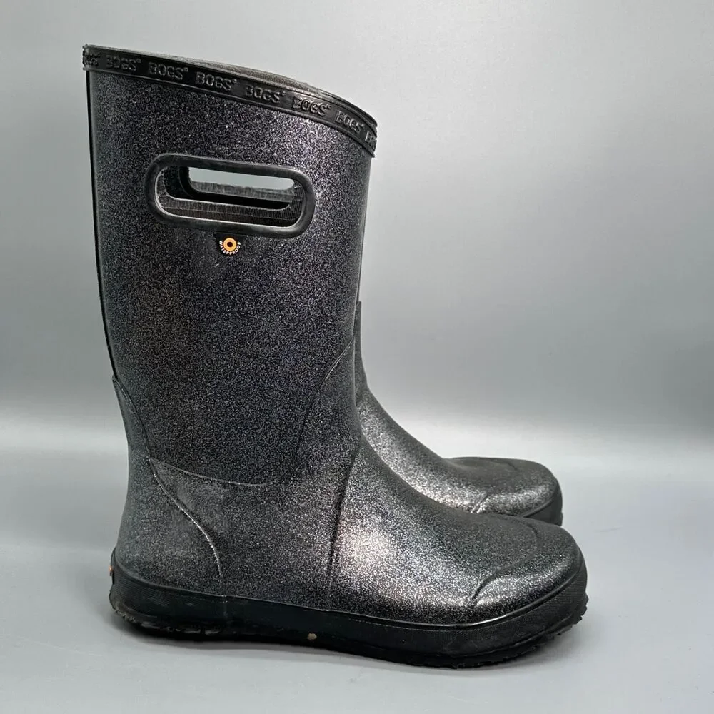 Bogs Rainboot Glitter Youth Girls 6 Gray Black Sparkle Tall Pull On Waterproof